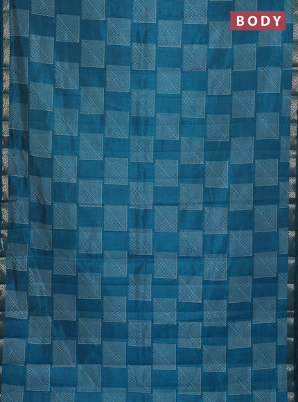 Semi raw silk saree teal blue with allover geometric butta prints and zari woven border
