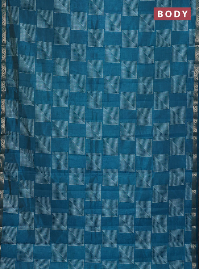 Semi raw silk saree teal blue with allover geometric butta prints and zari woven border