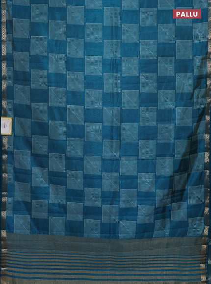Semi raw silk saree teal blue with allover geometric butta prints and zari woven border