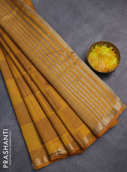 Semi raw silk saree dark mustard with allover geometric butta prints and zari woven border