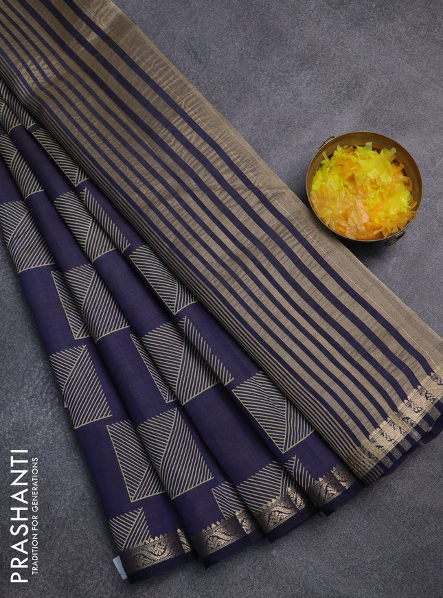 Semi raw silk saree navy blue with allover geometric butta prints and zari woven border