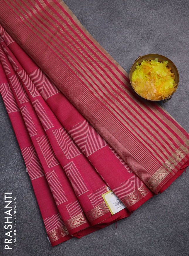 Semi raw silk saree pink with allover geometric butta prints and zari woven border