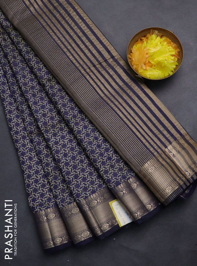 Semi raw silk saree navy blue with allover geometric prints and zari woven border