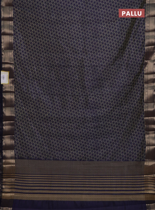 Semi raw silk saree navy blue with allover geometric prints and zari woven border