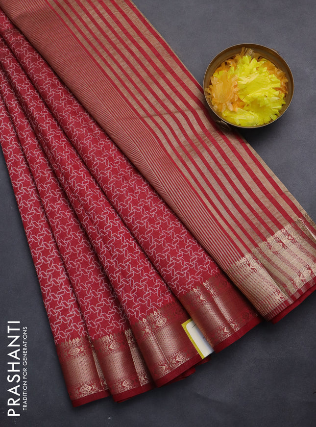 Semi raw silk saree maroon with allover geometric prints and zari woven border