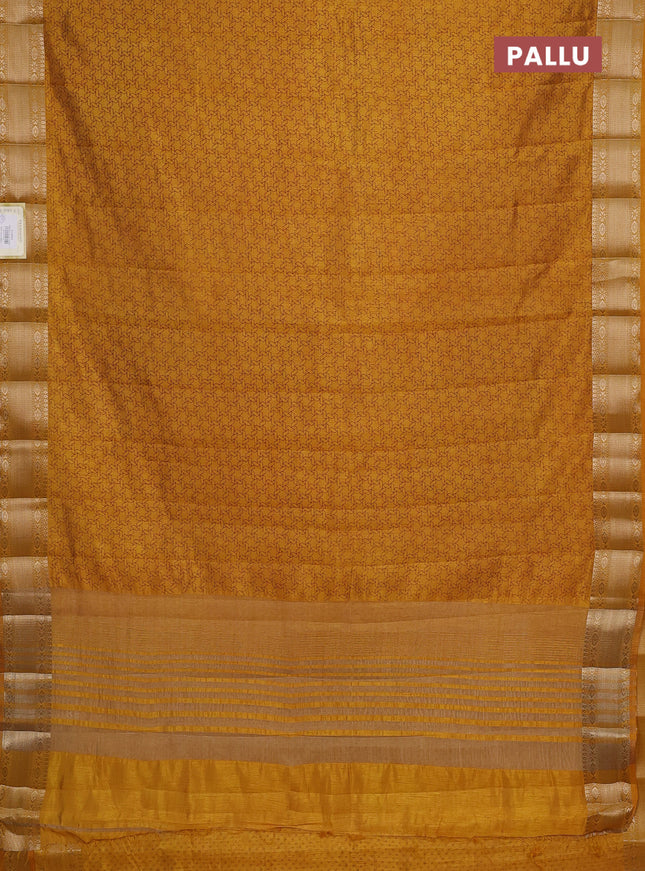 Semi raw silk saree dark mustard with allover geometric prints and zari woven border