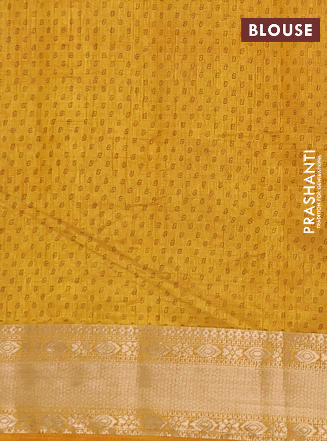 Semi raw silk saree dark mustard with allover geometric prints and zari woven border