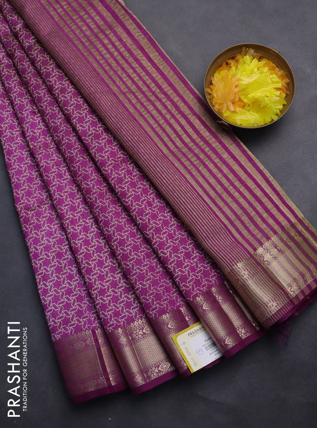 Semi raw silk saree purple with allover geometric prints and zari woven border