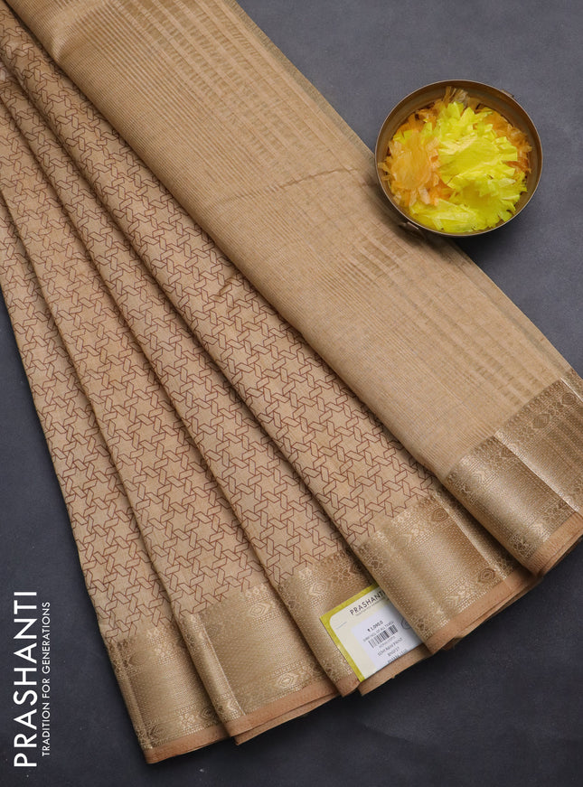 Semi raw silk saree sandal with allover geometric prints and zari woven border