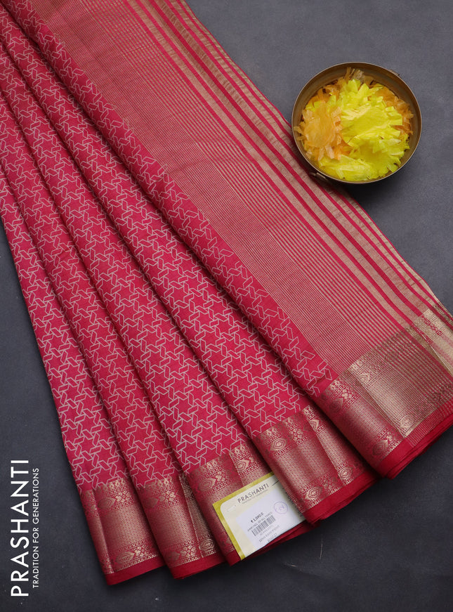 Semi raw silk saree pink with allover geometric prints and zari woven border