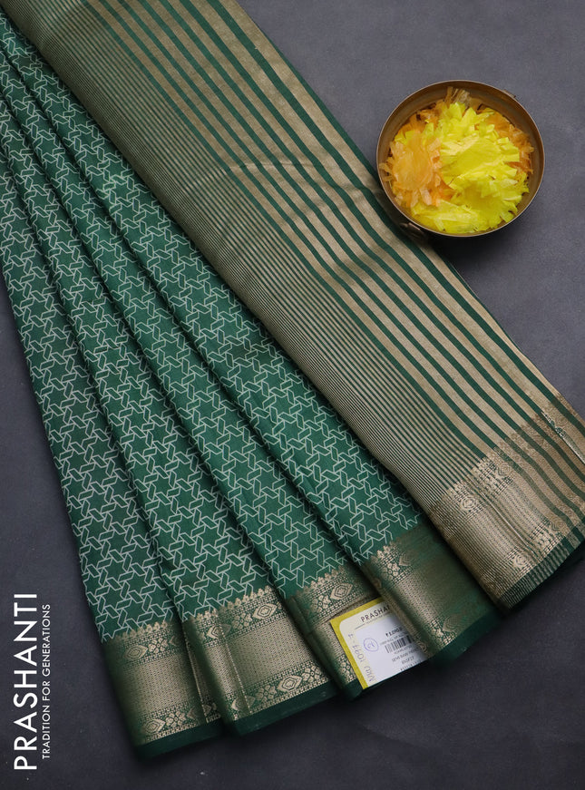 Semi raw silk saree bottle green with allover geometric prints and zari woven border