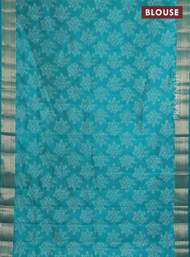 Semi raw silk saree teal green with allover floral butta prints and zari woven border