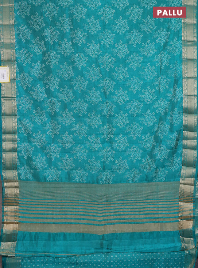 Semi raw silk saree teal green with allover floral butta prints and zari woven border