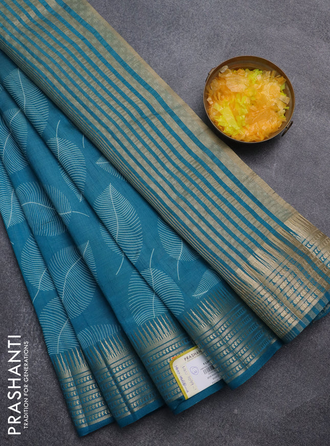 Semi raw silk saree cs blue with leaf butta prints and zari woven border
