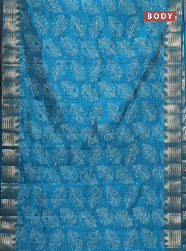 Semi raw silk saree cs blue with leaf butta prints and zari woven border