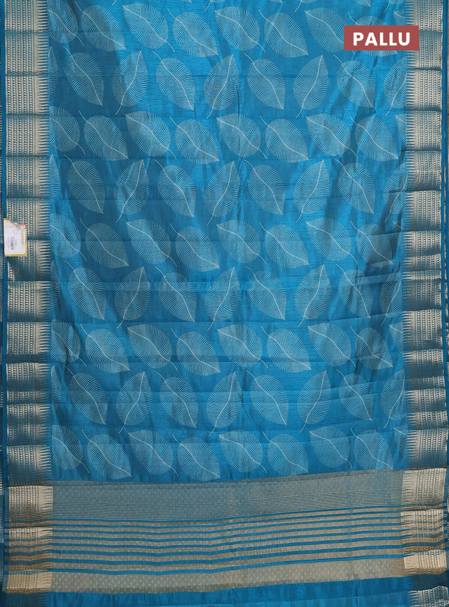 Semi raw silk saree cs blue with leaf butta prints and zari woven border