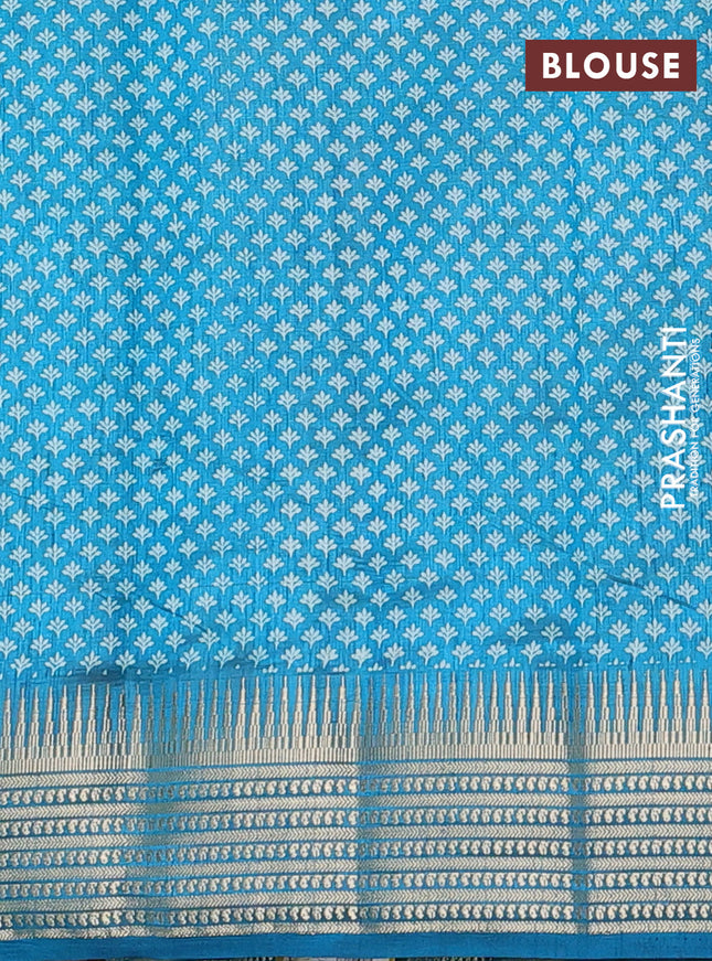 Semi raw silk saree cs blue with leaf butta prints and zari woven border
