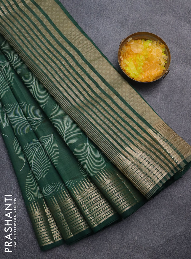 Semi raw silk saree green with leaf butta prints and zari woven border