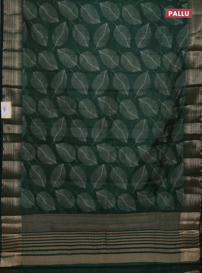 Semi raw silk saree green with leaf butta prints and zari woven border