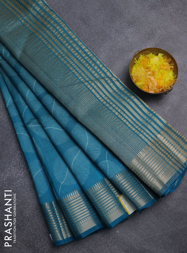 Semi raw silk saree cs blue with allover leaf butta prints and zari woven border