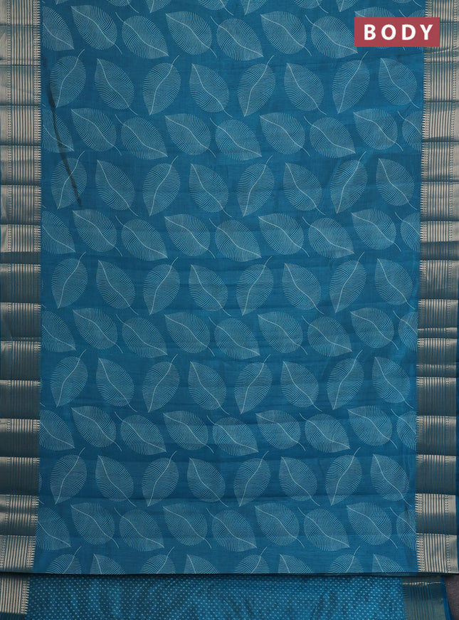 Semi raw silk saree cs blue with allover leaf butta prints and zari woven border