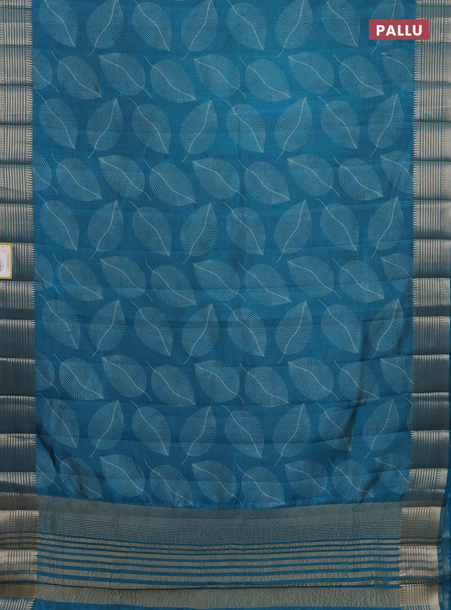 Semi raw silk saree cs blue with allover leaf butta prints and zari woven border