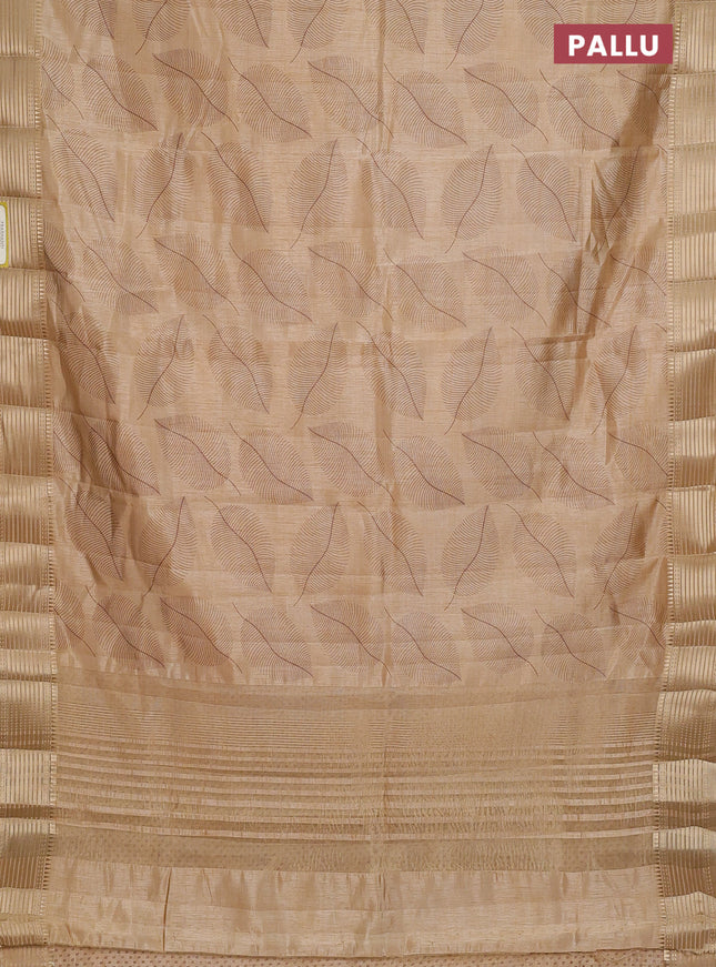 Semi raw silk saree sandal with allover leaf butta prints and zari woven border