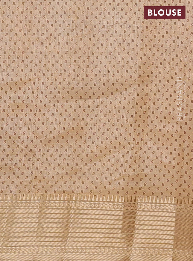 Semi raw silk saree sandal with allover leaf butta prints and zari woven border