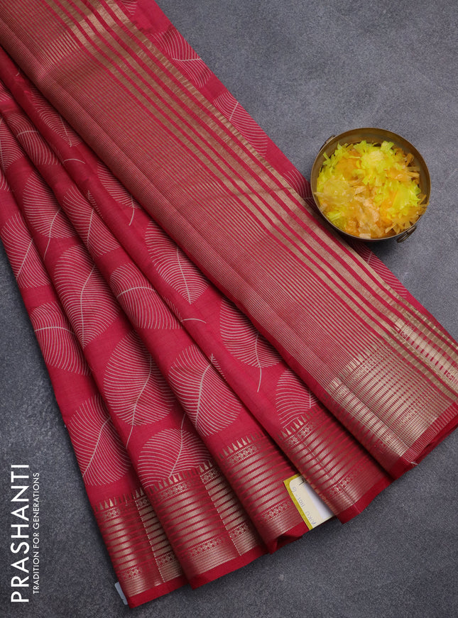 Semi raw silk saree dark pink with allover leaf butta prints and zari woven border