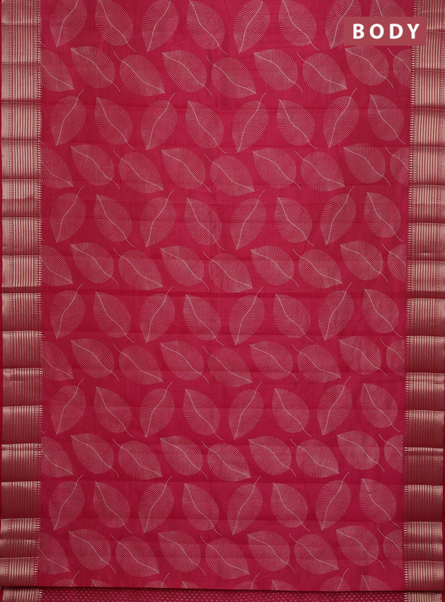Semi raw silk saree dark pink with allover leaf butta prints and zari woven border