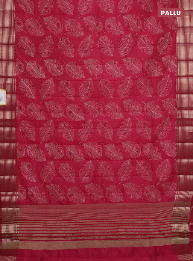 Semi raw silk saree dark pink with allover leaf butta prints and zari woven border
