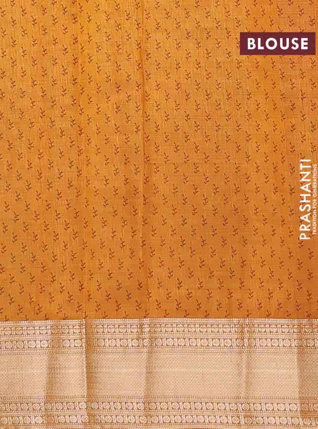 Semi raw silk saree dark mustard with allover butta prints and zari woven border