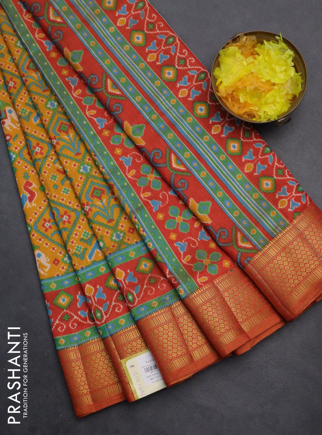 Semi tussar saree mustard yellow and red shade with allover ikat prints and zari woven border