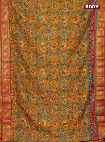 Semi tussar saree mustard yellow and red shade with allover ikat prints and zari woven border
