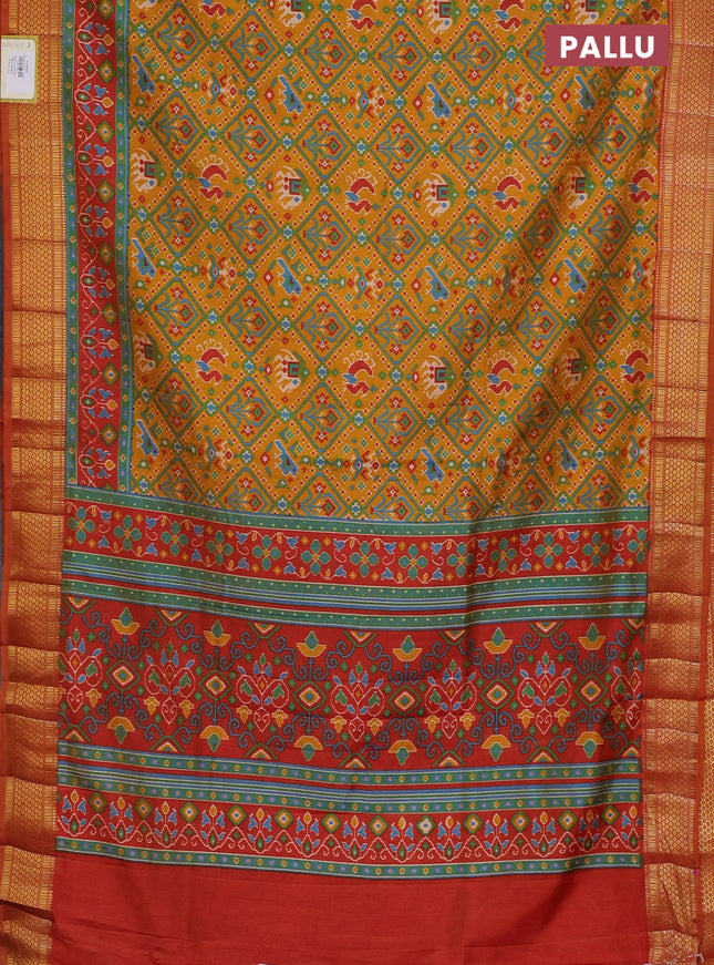 Semi tussar saree mustard yellow and red shade with allover ikat prints and zari woven border