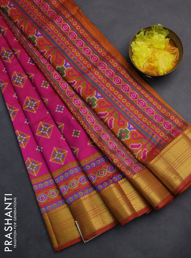 Semi tussar saree pink and rust shade with allover ikat butta prints and zari woven border