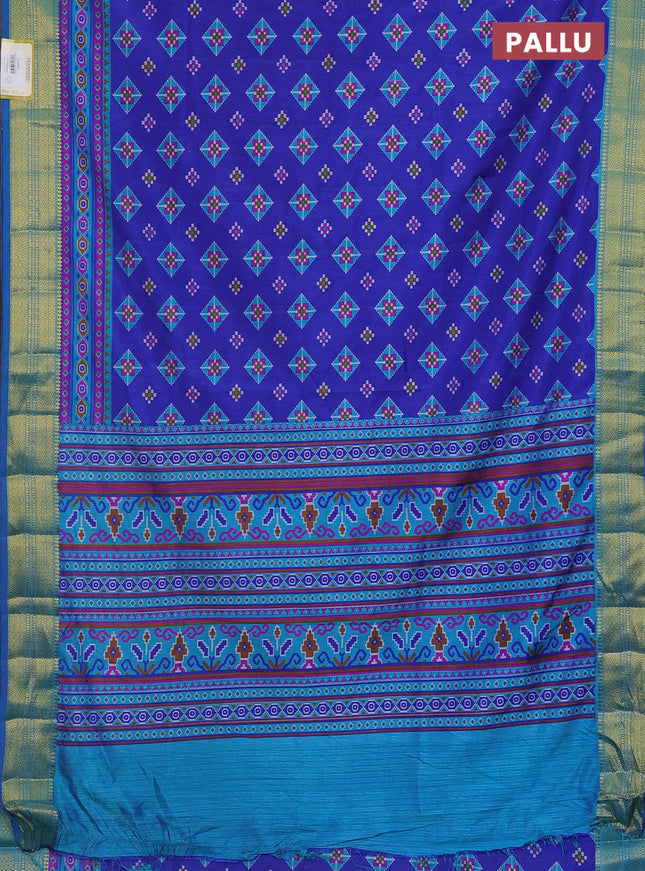 Semi tussar saree blue with allover ikat butta prints and zari woven border