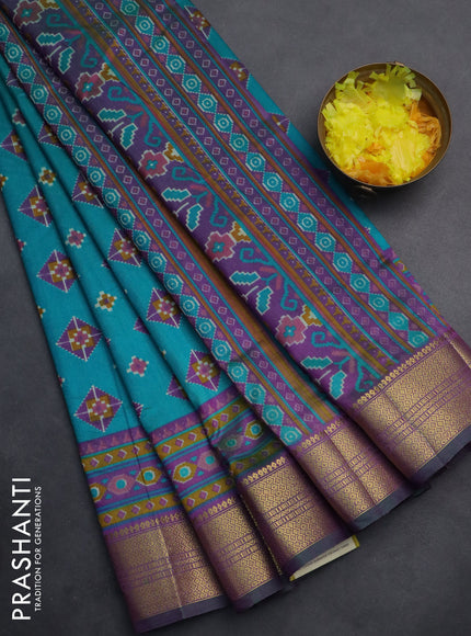 Semi tussar saree green and purple with allover ikat butta prints and zari woven border