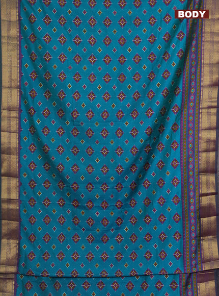 Semi tussar saree green and purple with allover ikat butta prints and zari woven border