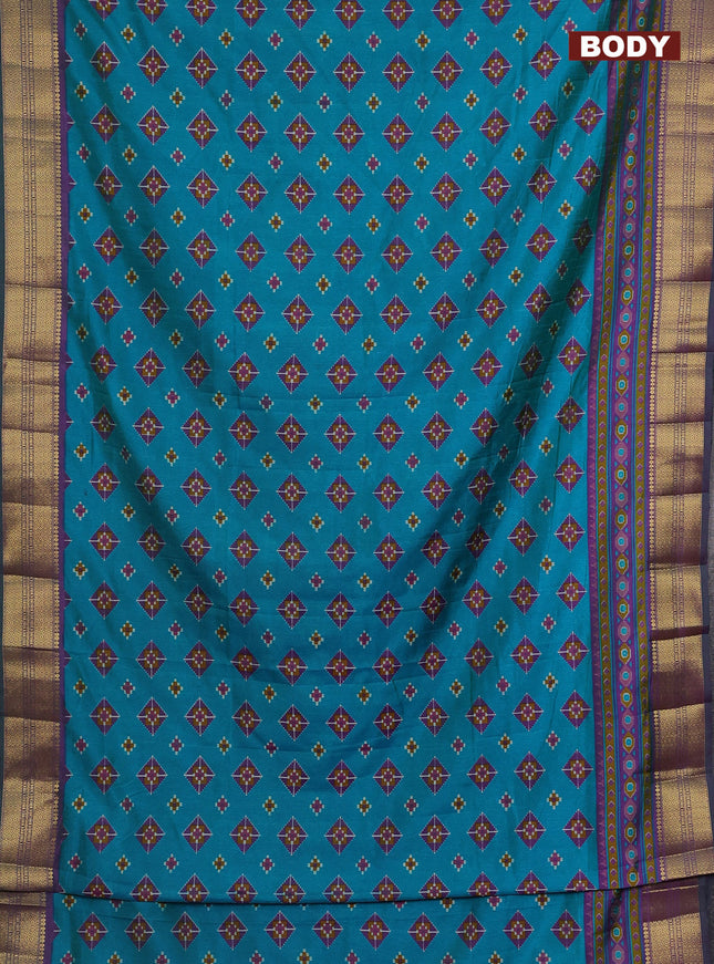 Semi tussar saree green and purple with allover ikat butta prints and zari woven border