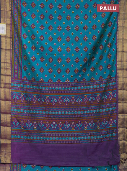 Semi tussar saree green and purple with allover ikat butta prints and zari woven border