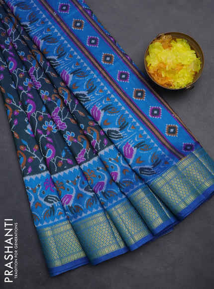 Semi tussar saree dual shade of bluish green and cs blue with allover ikat prints and zari woven border