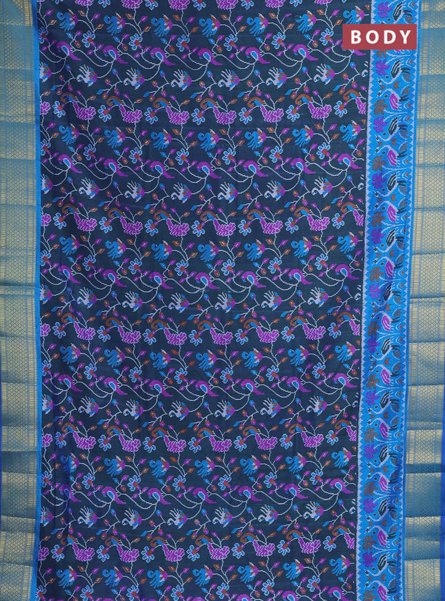 Semi tussar saree dual shade of bluish green and cs blue with allover ikat prints and zari woven border
