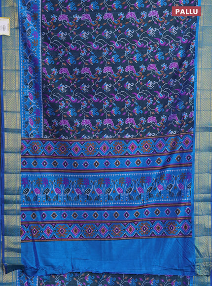 Semi tussar saree dual shade of bluish green and cs blue with allover ikat prints and zari woven border