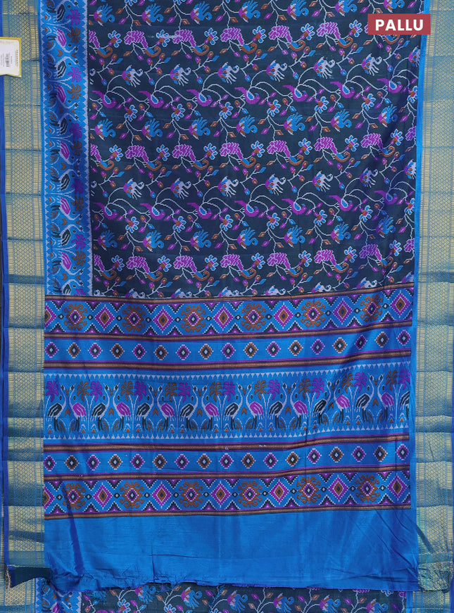 Semi tussar saree dual shade of bluish green and cs blue with allover ikat prints and zari woven border