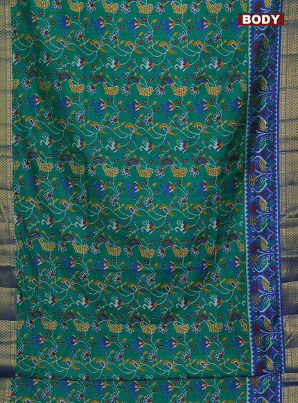 Semi tussar saree green and blue with allover ikat prints and zari woven border