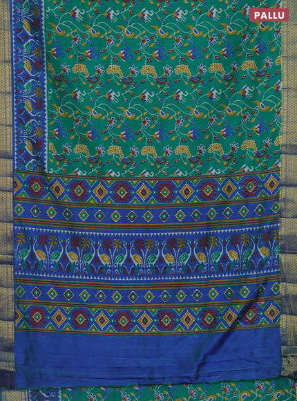 Semi tussar saree green and blue with allover ikat prints and zari woven border