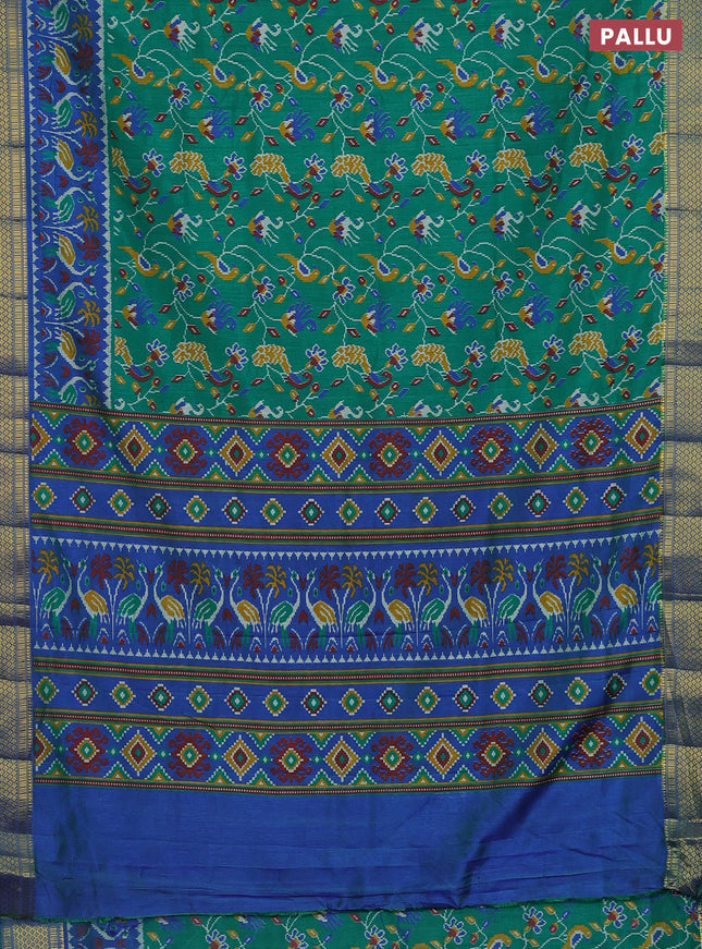 Semi tussar saree green and blue with allover ikat prints and zari woven border