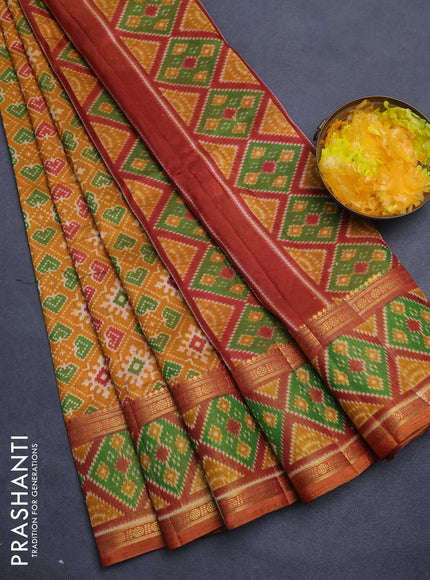 Semi tussar saree dark mustard with allover ikat prints and zari woven border