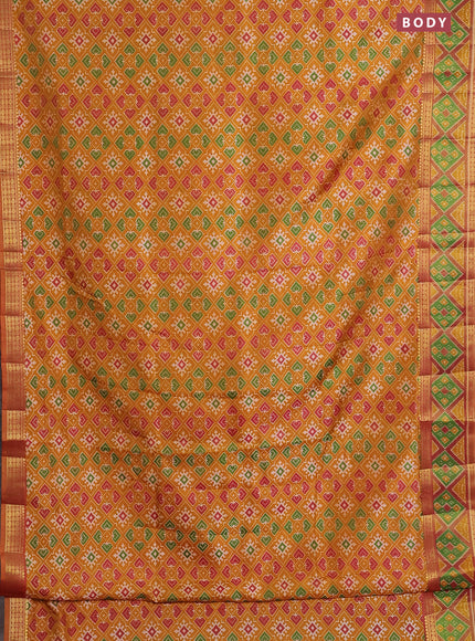 Semi tussar saree dark mustard with allover ikat prints and zari woven border